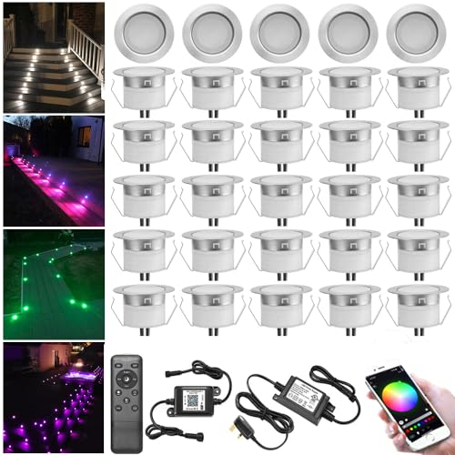 INDARUN WLAN Bodenstrahler Außen 30er Set, RGB, Kompatibel mit Alexa,Google Home, LED Bodeneinbaustrahler Aussen, IP67 Wasserdicht, DC12V, Ø45mm, Terrassenbeleuchtung, Bodenleuchten Außen