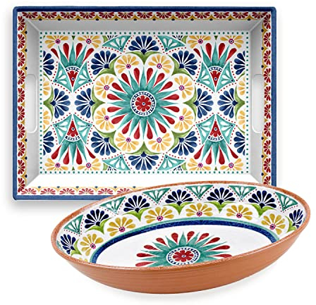 Purely Home Rio Medallion Melamine/Plastic Outdoor/BBQ/Picnic - Oval Bowl & Rectangular Serving Tray Set