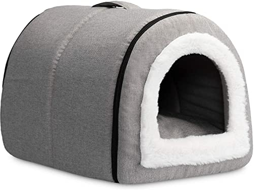 Hollypet Cat Bed Small Dog Bed, 2-in-1 Foldable Linen Pet Beds for Cats and Small Dogs, Cat Cave Indoor Outdoor, Grey