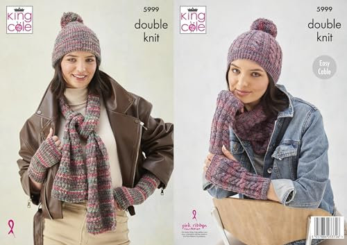 King Cole Ladies DK Knitting Pattern Easy Cable Scarf Hat Wrist Warmers Snood (5999)