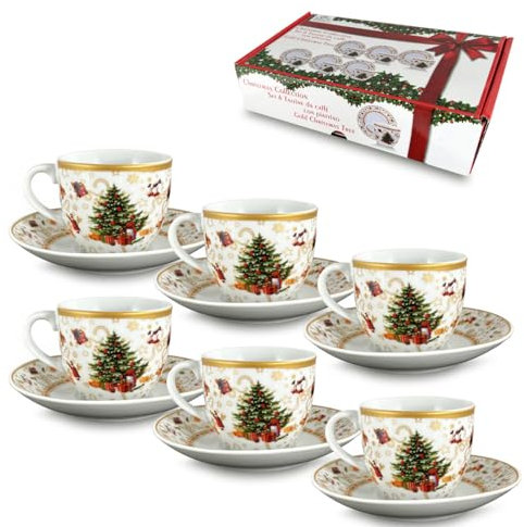 ARCA, Set di 6 Tazze da Caffè con Piattino in Porcellana, per 6 Persone, con Decorazione Natalizia Albero di Natale, Resistenti e Durature, Ideali per la Tavola, Idea Regalo di Natale, 4,5x5,5 cm