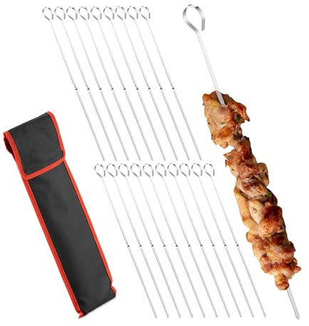 Relaxdays Grillspieße Edelstahl, 20er Set Schaschlik-Spieße, mit Tasche, Fleisch & Gemüse, 31 cm, Metallspieße, Silber