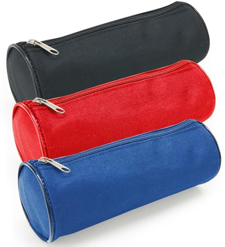 Waytex Lot de 3 Trousses Ronde Fourre-Tout Crayons Fournitures Scolaires Longueur 21cm Diamètre 7.5cm – 3 Couleurs Assorties Noir, Bleu, Rouge