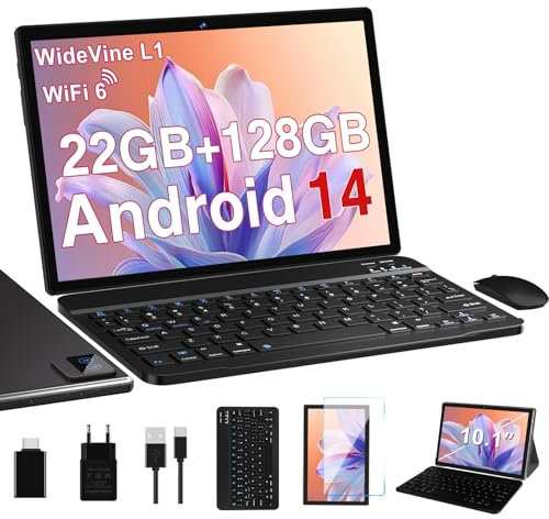 Nouvelle 2025 Tablette Android 14 Tablette 10 Pouces 22Go RAM + 128Go ROM(2To Extensible), Octa-Core, Tablette Tactile, WiFi 6, 5G Wi-FI, Widevine L1, 8000mAh, GPS, Tablettes avec Clavier Souris-Noir