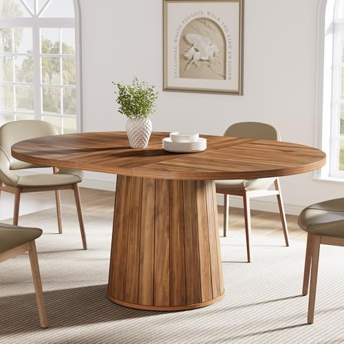 Tribesigns Mesa de comedor ovalada para 6 personas, mesa de comedor de madera de granja de 140 cm, mesa de cocina rústica con tablero de madera y base cilíndrica para comedor (marrón)