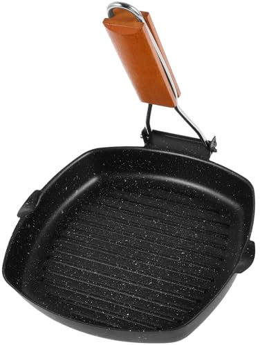 NIHUIFDPY Poêle grill carrée en acier carbone de 28 cm avec revêtement anti-adhésif et poignée en bois pliable pour four, induction et gaz, poêle à induction carrée pour viande, poisson et légumes (28