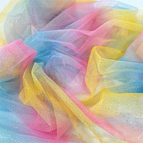 3 m x 150 cm regnbåge glitter tylltyg, flerfärgad tylltyg tyll med färggradient metervara glitter garn dekorativt tyg för gör-det-själv kläder tutu bordsband bröllop fest bankett dekoration, gul blå