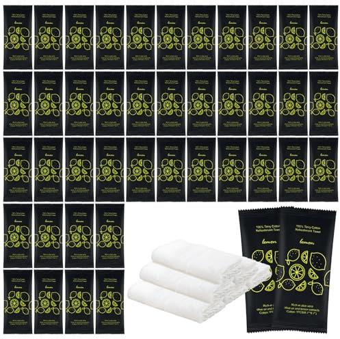 Hot or Cold Moist Cotton Towel Bulk Moist Towelettes Individually Wrapped 8.7 x 8.7,White Towel Services,Refreshment Pre Moistened Towels Lemon Scent for Travel Sport Party Spa Dentist Hote50
