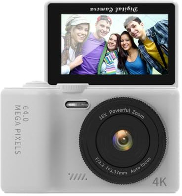4K Digitalkamera 64MP WiFi-Fotokamera mit 180° Flip 3-Zoll-Bildschirm, 16X Digitalzoom, integriertes LED-Fülllicht, 1200-mAh Akku, 32 GB TF-Karte für Kinder, Teenager,Erwachsene