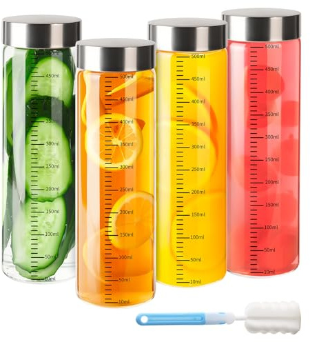 YBCPACK 4 botellas de cristal de 500 ml con tapa de metal, botellas de vidrio reutilizables para llenar con escala, botellas de zumo herméticas de cristal para agua, batidos y bebidas frías