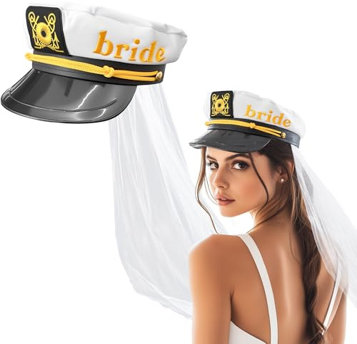 Hosrnovo Bride Captain Hat, Bride to Be Hat with White Veil Beach Bachelorette Party Accessories Funny Gift for Bridal Shower Wedding and Engagement