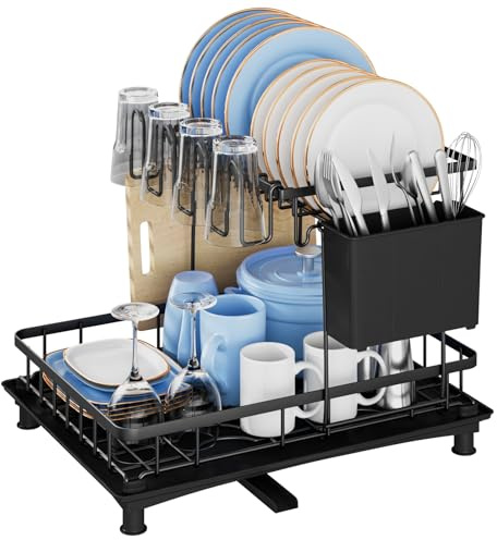 HOMEANTIS Abtropfgestell Geschirr,2-Tier Geschirrabtropfgestell mit Abtropfschale,Geschirrständer mit Utensilienhalter für Küchentheke,Abtropfgestell mit Utensilienhalter,Getränkehalter