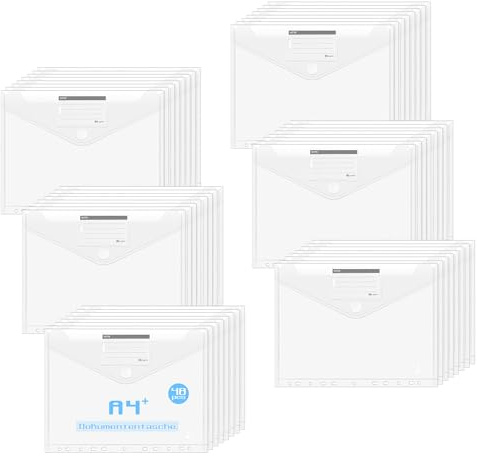 Agoer A4+ Plastic Wallets Matt, 48 Pack Clear Punched Pockets with Snap Button, 11 Hole Ring Binder Plastic Folders, Heavy Duty A4 Documents Popper Wallets with 48 Labels for Office, School, Home