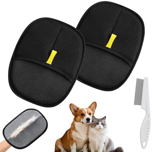 Oiieco Lot de 2 aimants pour poils d'animaux domestiques, gants de toilettage pour animaux de compagnie, avec peigne anti-puces, gants antistatiques, double face, pour le nettoyage, l'épilation