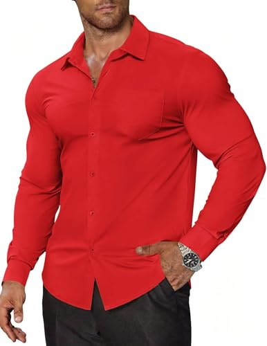 COOFANDY Casual Shirts for Men Wrinkle-Free Dress Shirts Untucked Collar Shirts Red