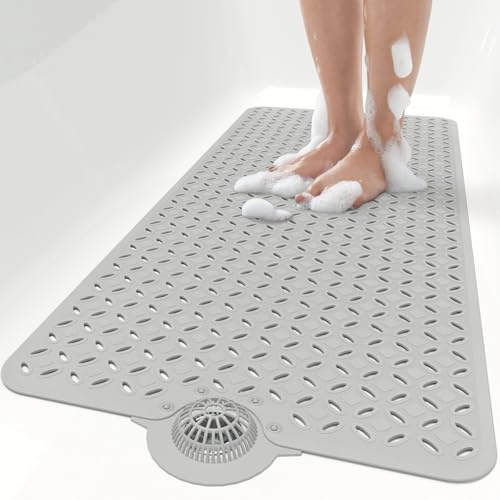 OTHWAY Bathtub Mat Non Slip, 43×100CM Long Bath Mat for Tub with Hair Catcher,TPE Shower Mats for Inside Shower for Eldly & Kids,Drain quickly&Machine Washable,Grey