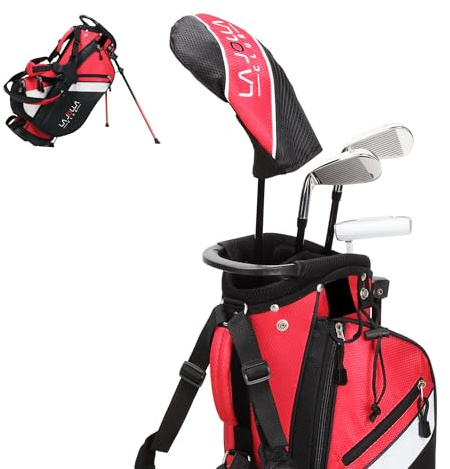 La Jolla Club Junior Golf Set – 5–6 Years (41–46”) | Left Hand | Lightweight Alloy Driver, Stainless Steel Irons & Zinc Putter | Includes Dual-Strap Stand Bag – Red