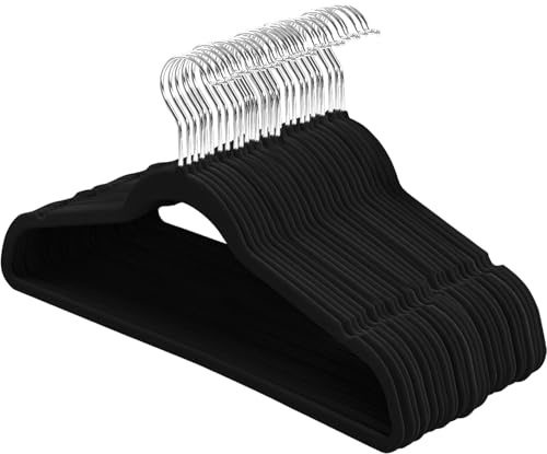 KROWN - Perchas de Terciopelo Antideslizantes con Gancho Giratorio 360° | Diseño Delgado, Elegante y Funcional (Negro, 30 Unidades)