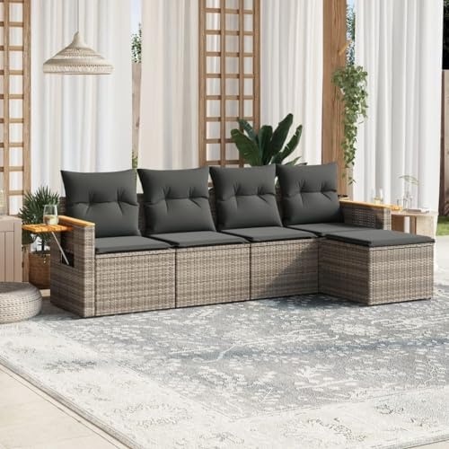 Owoxanthellate Set di 5 divani da giardino in rattan PE 209 x 85 cm, grigio resistente alle intemperie, modulare per balconi, terrazze, braccioli pieghevoli, cuscini rimovibili