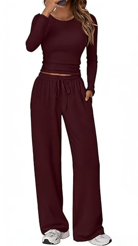 BEWECASU Women 2Pcs Lounge Set Long Sleeve Top Tracksuits Wide Leg Drawstring Pants Set with Pockets(Wine,S)
