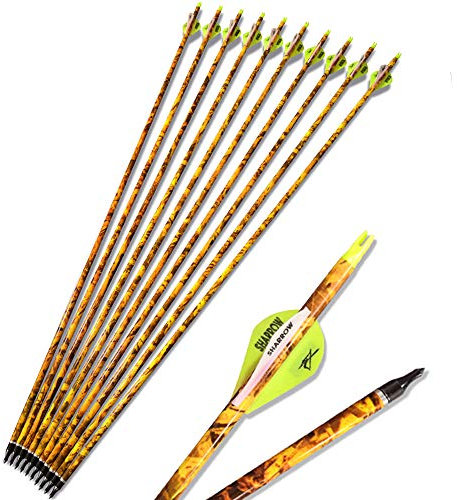 SHARROW 12x Carbonpfeile 30 Zoll Bogenpfeile Jagd Pfeile für Bogen Spine 600 mit Pfeilköcher für Recurvebogen Compound Bogen Camouflage (12 stück)