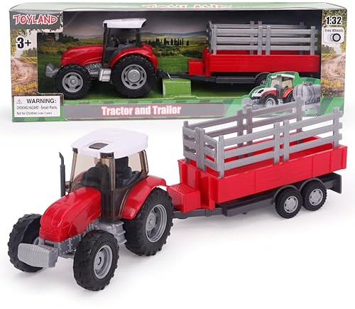 Toyland® Jordbrukstraktor och tank/släpvagn set 22,5 cm - frihjul action - jordbruksleksaker för pojkar (röd trailer)