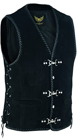 Leatherick Chaleco de cuero para hombre, chaleco de cuero con anzuelo trenzado a mano, capucha de cuero (L)