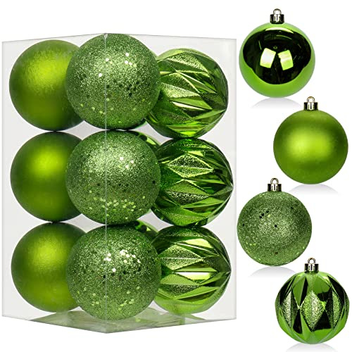 12 pcs Christmas Baubles Xmas Ball Ornaments with Strings, 80mm/3.1 Green Shatterproof Plastic Hanging Decorations, Christmas Tree Pendants for Home Party Wedding Holiday