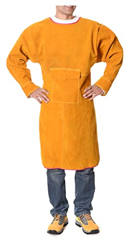 Lederschürze Schweißerschürze aus Leder mit Ärmeln, schwer entflammbare Rindsleder-Arbeitsschürze zum Schweißen/Grillen/Gartenarbeit (Color : Yellow, Size : 105cm)