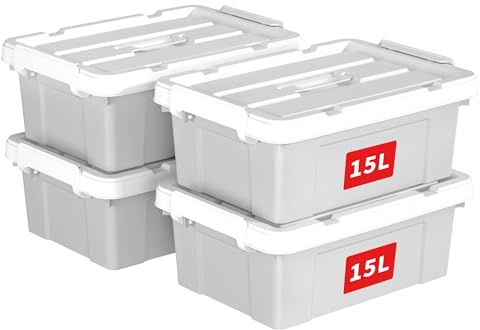 Cetomo 15L*4 Caja de Almacenamiento con Asa, Caja de Plástico con Tapa y Cierre Seguro, Contenedor de Almacenamiento, Duradera, Apilable, Resistentes, Gris, Paquete de 4 de 15L