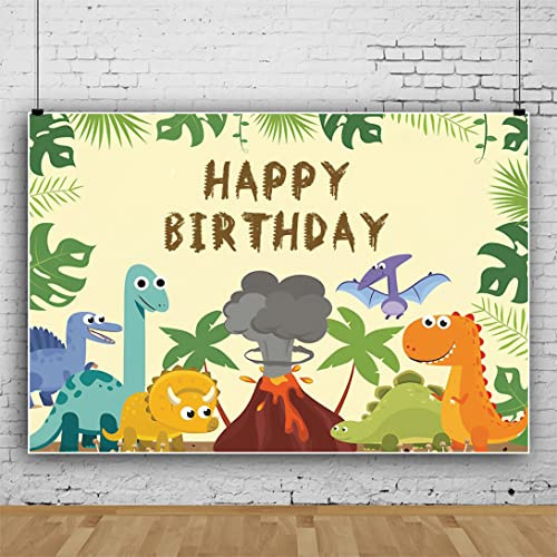 Ttincceer 220x150cm Feliz cumpleaños telón de Fondo de Dibujos Animados Dinosaurio erupción volcánica fotografía Fondo Planta Tropical Hoja de Palma fotografía telón de Fondo bebé Ducha Fiesta Banner