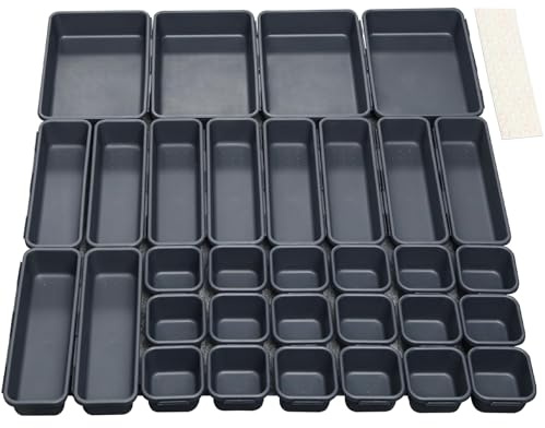 Organizador Cajones Cajas Organizadoras 32 pcs Baño Plastico Separadores de Cajones Cocina Organizador de Maquillaje Cajas Escritorio Organizadoraa Bandejas para Dormitorio, Joyas, Oficina(Negro)