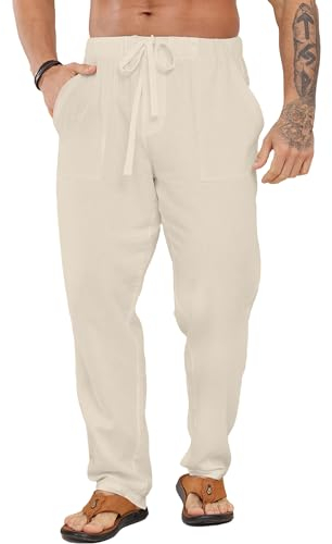 LVCBL Leinenhose Herren Lang Sommerhose Freizeithose Yoga Urlaub Strandhose Khaki L