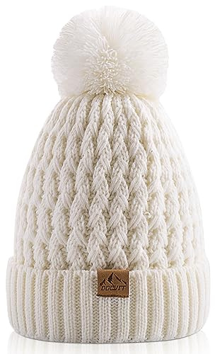 DOCVIT Kids Winter Beanie Hat, Children’s Warm Knitted Fleece Lined Woollen Ski Pompom Hat for Boys & Girls 3-9 Years White