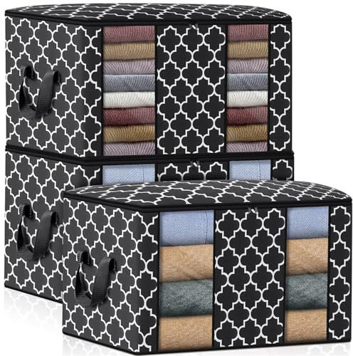 Scatole per Armadio Salvaspazio 102L, 3 PCS per Vestiti Cambio Stagione Pieghevole Traspirante Tessuto, Custodie Organizzatore con Cerniera per Trapunte Coperte Biancheria da Letto - 63*45*36cm