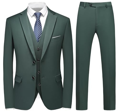 KUDMOL Costume Homme 3 Pièces Mariage Slim Fit Business à Deux Boutons Smokimg Couleur Unie Blazer Veste et Pantalon Gilet(Vert Foncé,XS)