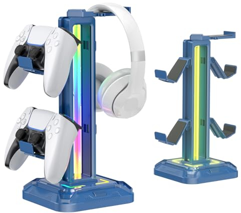 KDD Soporte Auriculares con 9 Modos de Luz - Soporte Mando para Escritorio, Soporte Cascos Gaming Giratorio y Gancho Controlador de Juegos Desmontable para PC Xbox One PS5 Accesorios Gaming(Azul)