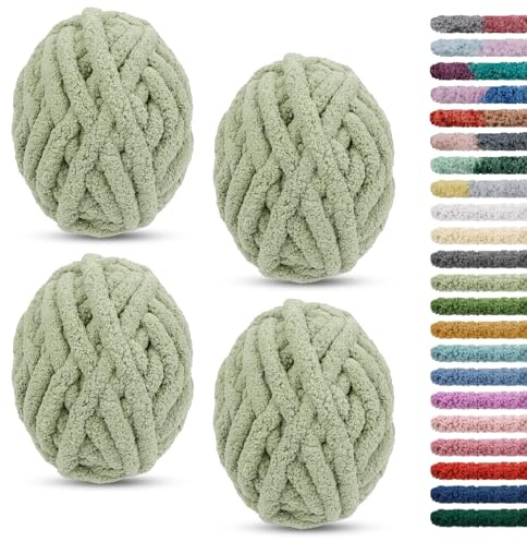 LEREATI 4 x 25.6m Pelote Laine Grosse Maille 2cm Fil Laine Chenille Crochet Grosse Laine à Tricoter à la Main Laine Velours pour Couvertures Lit pour Animaux Écharpes Chapeaux (Vert Sauge)