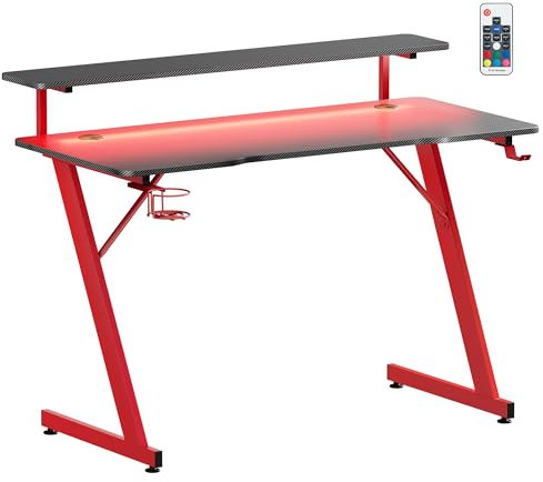 SONGMICS HOME Gaming Desk with LED Lights, Z-Shaped Computer Desk with Monitor Stand, Cup Holder and Headphone Hook, for Home Office, Carbon Black and Ruby Red LWD099B01
