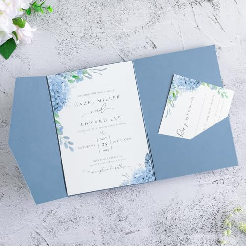 FEIYI 20 Pcs 5.12x7.1'' Sparkle Dusty Blue Tri-fold Laser Cut Wedding Invitation Cards for Wedding Bridal Shower Quinceañera Engagement Birthday Invitation