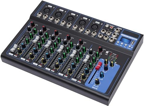 Console de mixage audio 7 canaux amplificateur USB DJ Live Mixer Studio Bluetooth avec trous de dissipation de la chaleur pour KTV à domicile, spectacles sur scène, activités de campus, bars, pubs de
