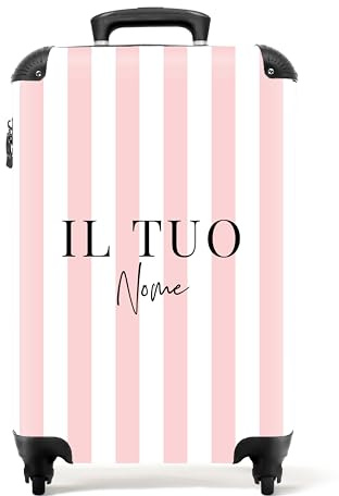 NoBoringSuitcases.com® Children's Kids - Personalised Lightweight Hand Luggage on Wheels - Cabin Suitcase - Pink and White Stripes - Vertical - 55x40x20cm - Hard Shell Trolley - 10kg