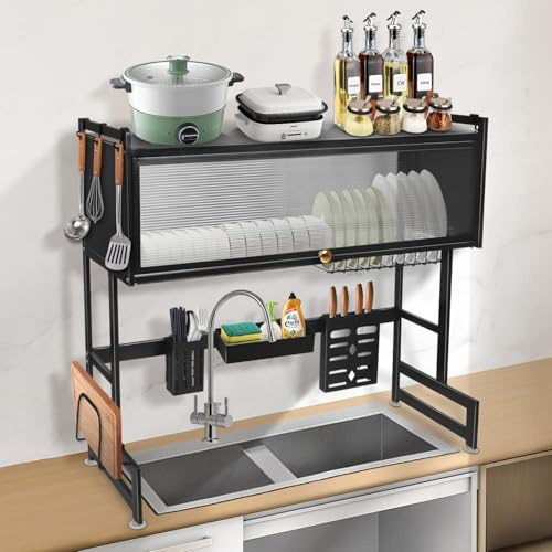 HUOLE Scolapiatti da Appoggio, Portabicchieri, Porta Tagliere, Organizer Cucina, Scolapiatti da Lavello in Metallo, Scolapiatti da Appoggio Sopra Lavello-85 * 30 * 78 cm-nero