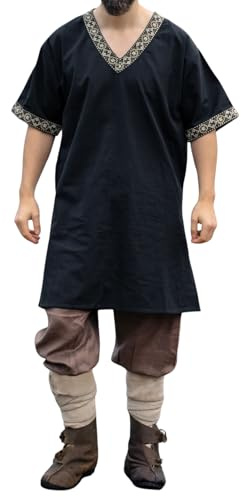 Leonardo Carbone® Tunica vichinga Loki – abbigliamento medievale da uomo, camicia medievale, da uomo, costume da carnevale da uomo, tunica vichinga, abbigliamento LARP – 100% cotone, Nero , XXL