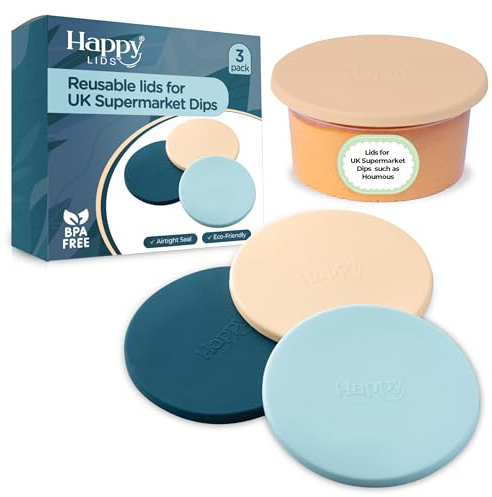 3 x Lids for UK Supermarket Dips | HAPPY LIDS | Food Safe Silicone | 10cm diameter pots | Houmous, Guacamole, Tzatziki, Sour Cream & more | Fridge & Dishwasher Safe