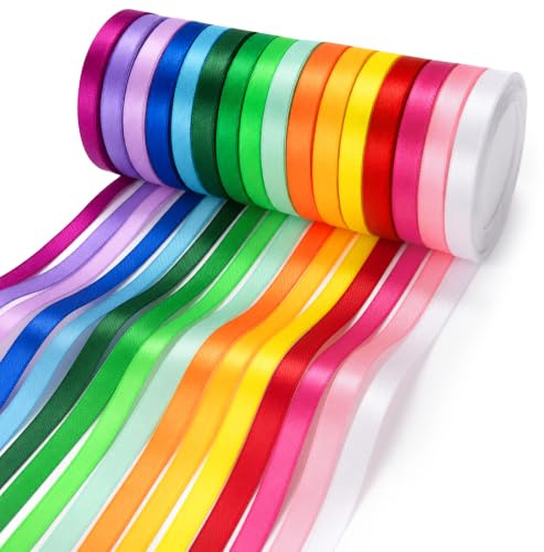 KICNIC 16 Färger Satinband Färgglada, 10 mm × 22 m | Presentband, Band för Pyssel, Sidenband, Bröllop, Majsträd, Bilsmycken, Bordsdekoration, Presentinslagning, Fest, Jul, Nyår