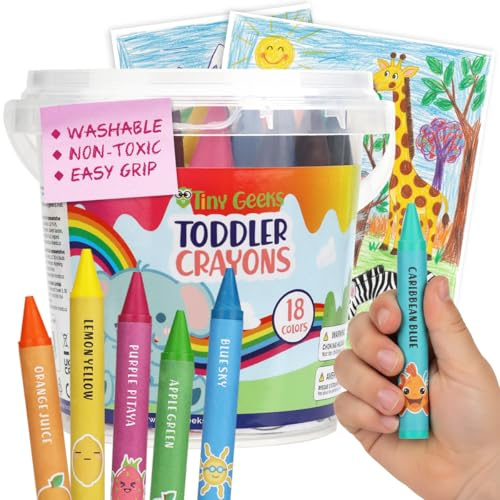 Crayones Jumbo para Niños Pequeños 3-8 Años - 18 Crayones Bebé para Niños de 3-4 Años - Con Hojas para Colorear Impresas - Lavables, No Tóxicos y Fáciles de Sostener - Perfectos para el Aula