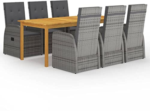 7-TLG. Gruppo da giardino in legno di acacia e rattan, sedie regolabili con tappezzeria, per terrazza, balcone, giardino, grigio