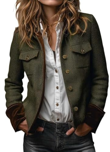 Blazer Femme Vintage en Tweed à Chevrons avec Bordure en Velours Ajusté Classique Décontracté pour Bureau, vert militaire, M