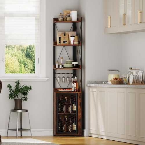 Corner Bar Cabinet with Glass Holder, 5-Tier Industrial Corner Wine Rack Cabinet with Adjustable 3-Level Inner Cabinet Shelves, Drinks Display Shelf with Wine Glass Hanging Rack for Living Room, Kitch
